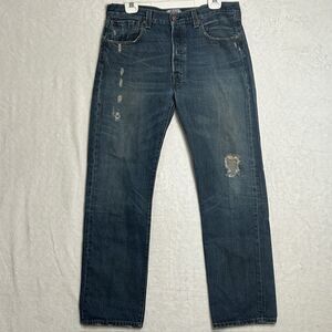 34x32 Levi's Jeans Mens Blue Denim 501 Distressed Red Tag Button Fly Orange Tab